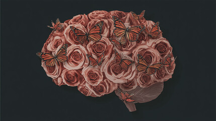 Flat layout of human brain anatomy with colorful fresh flower on green background. Mental health care, positive thinking and creative idea concept. brain flowers in concept on fabric. Generated by Ai