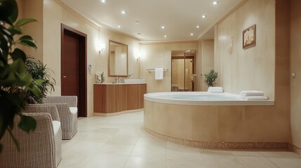 Luxurious bathroom showcases a round tub and relaxing atmosphere