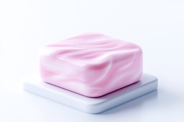 Pink, square, draped object on a white pedestal