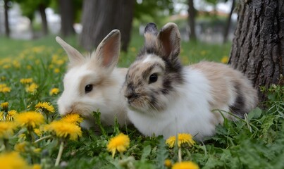 Fototapeta premium a pair of dutch-lionhead-cross rabbits with mottled white, brown, black fur, in a meadow in a dense patch of yellow dandelions, Generative AI