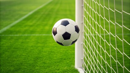 Obraz premium Close-up of a black and white soccer ball striking the white net of a goal. Ideal for illustrating sports and action. 