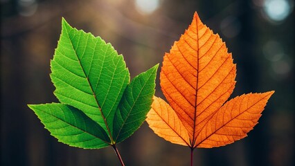 Close-up of a vibrant green leaf next to a warm orange fall leaf. Ideal for illustrating nature and transition