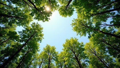 Obraz premium Forest canopy from below with bright sky, space for text, nature discovery and eco concept
