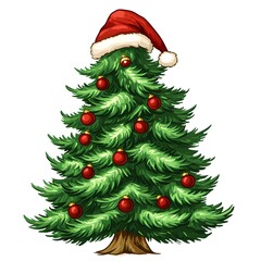 A cheerful cartoon Christmas tree illustration adorned with red ornaments and a Santa hat is perfect for holiday cards and festive designs.