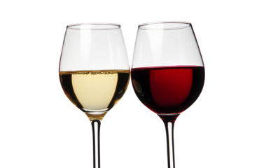 Red wine glass and white wine glasses isolated on a transparent background