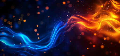 Abstract gradient background with flowing blue and orange waves, creating vibrant and dynamic atmosphere filled with glowing particles