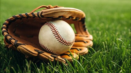 Close-up of a baseball nestled in a leather mitt on a grassy field. Ideal for illustrating sports and outdoor activities