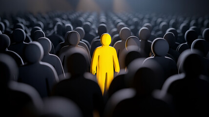 Fototapeta premium Yellow figure stands out among many dark figures, symbolizing individuality, uniqueness, leadership, or standing out from the crowd