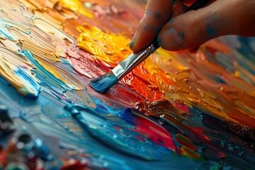 Obraz premium A close-up of an artist’s hand painting on a canvas, vibrant colors mixing with brush strokes, creative atmosphere, ultra-HD, highly detailed,
