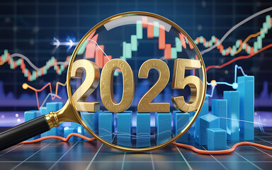 Financial Outlook 2025 Golden Numbers, Magnifying Glass, Stock Market Trends, Investment Analysis, and Future Forecasting for Business Growth