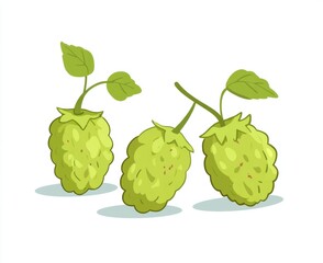 Obraz premium Three fresh green hops with leaves, ready to be used in brewing. A detailed illustration perfect for showcasing the essence of craft brewing.