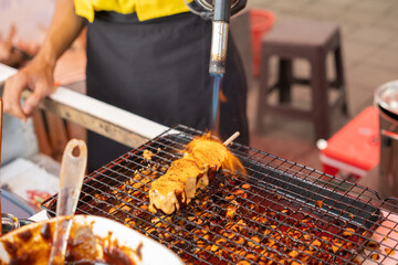 A street food vendor uses a torch to grill grilled dim sum topped with mozzarella cheese on a wire rack. the concept of aroma, taste and atmosphere of the viral small business experience
