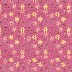 Cute music notes with flowers seamless repeat pattern