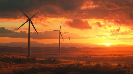 Wind turbines in a rural landscape at sunset