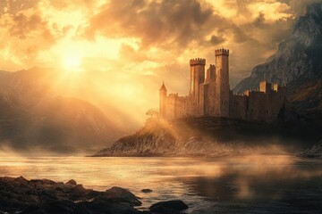 Fototapeta premium Majestic castle illuminated by golden sunset over tranquil waters