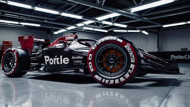 Sleek, modern formula one racing car sits stationary in a garage, showcasing its design and branding, with a subtle rotation offering different perspectives