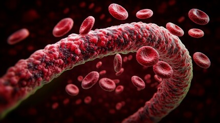 Fototapeta premium 3D illustration of red blood cells flowing in a vein through a blood vessel in a capillary in microscopic view , scientific medical background showing erythrocytes in the human circulatory system