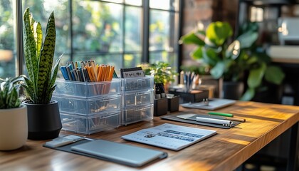 neatly organized desk with clear storage and minimal decor