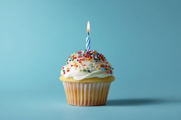 tasty cupcake with candles on light background, space for text