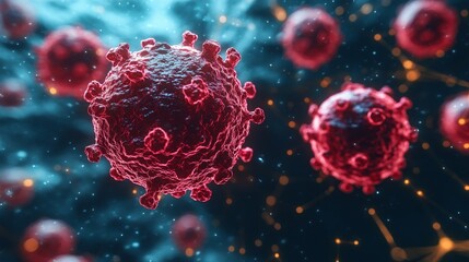3d rendering of red cancer cells attached to the walls of other cells, microscopic view of malignant tumor cells for medical research in micro detail view, oncology, health science, cancer treatment 