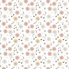 Cute music notes with flowers seamless repeat pattern