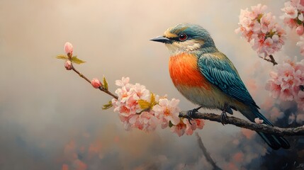 Fototapeta premium A vibrant colorful bird perches gracefully on a delicate branch adorned with blossoming pink cherry flowers in sptime.