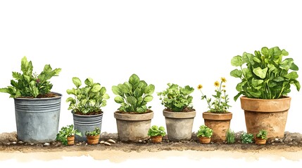 A watercolor illustration showcases a charming row of potted herbs and flowers in various terracotta and metal pots on a rustic ground.