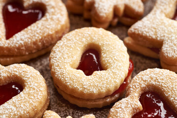 Closeup of homemade Linzer Christmas cookies