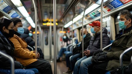 Naklejka premium People in public transportation wearing masks