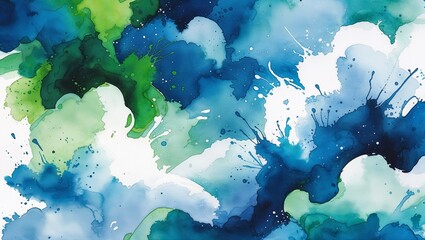 Dreamy Watercolor Sky Blue, Green, and White Abstract Cloudy Background with Vibrant Color Splashes