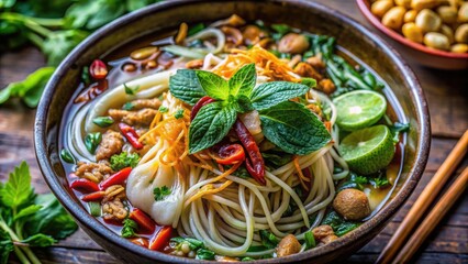 Macro Photography: Close-up of Delicious Vietnamese Mi Quang Noodles, Herbs, and Broth - High-Resolution Food Photo