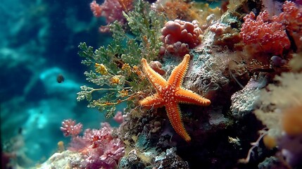 Orange Starfish on Vibrant Coral Reef Underwater