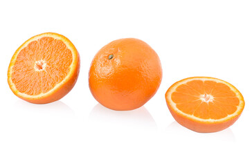 Orange fruit with slice isolated on white background.