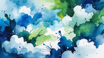 Dreamy Watercolor Sky Blue, Green, and White Abstract Cloudy Background with Vibrant Color Splashes