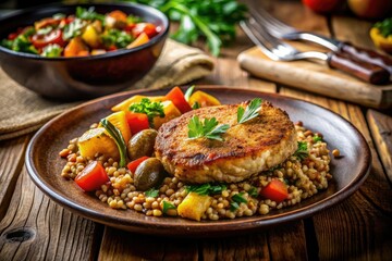 Fototapeta premium Night Photography: Delicious Cutlet with Buckwheat & Veggies - Healthy Dinner Recipe
