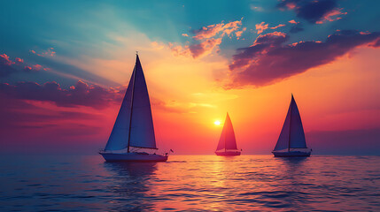 Fototapeta premium Sailboats glide across the tranquil sea at sunset bathed in the warm glow of the colorful horizon.