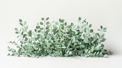 A beautiful lush arrangement of green eucalyptus branches with small rounded leaves, forming a natural border on a white background.