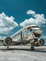 Weathered silver aircraft carcass under puffy white clouds revealing an aging history on a sunny day.