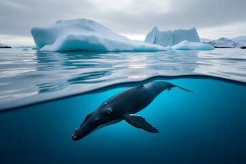 Fototapeta premium Split view of a whale underwater and arctic icebergs above, showing serene polar environment