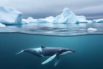 Split view of a whale underwater and arctic icebergs above, showing serene polar environment