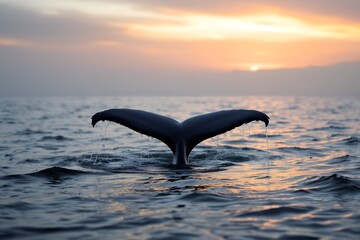 Fototapeta premium Whale tail emerging from calm ocean waters during a dramatic golden sunset
