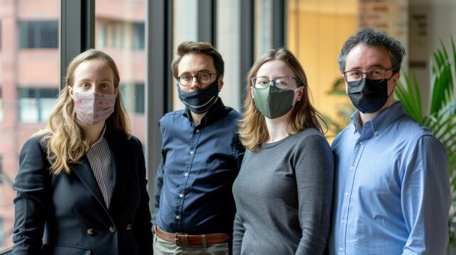 Group of coworkers wearing masks in office