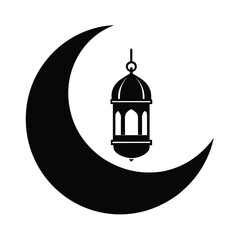 Silhouette of a Crescent Moon and Hanging Lantern, Perfect for Ramadan.