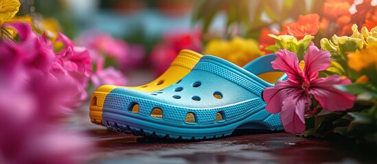 Colorful clogs on rustic table among flowers