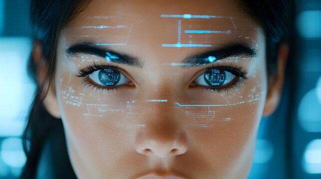A young woman's face is overlaid with futuristic blue digital interface graphics and data streams in a close-up shot.