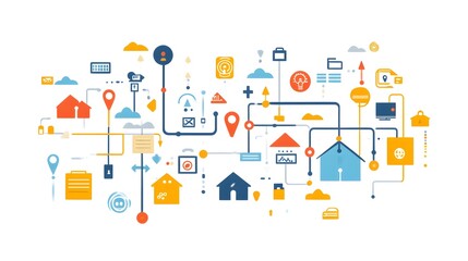 Fototapeta premium Smart home technology network illustration showing interconnected devices and systems for security automation and energy efficiency in a modern home