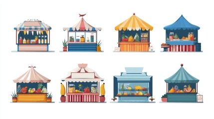 A variety of food stall showcasing diverse items and colorful designs. A delightful scene depicting various stalls filled with items.