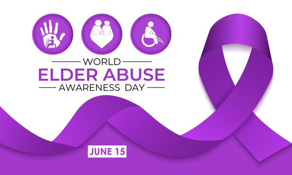 World Elder abuse awareness day is observed every year on June 15. Hand with adult man and Realistic Ribbon. It aims to Promote dignified aging through protection laws Banner and background design. - Powered by Adobe