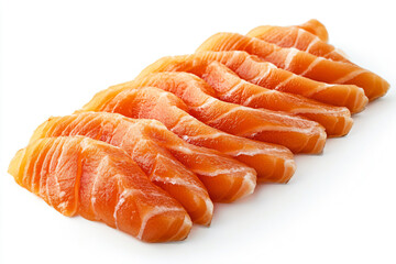 a group of raw salmon slices on a white surface