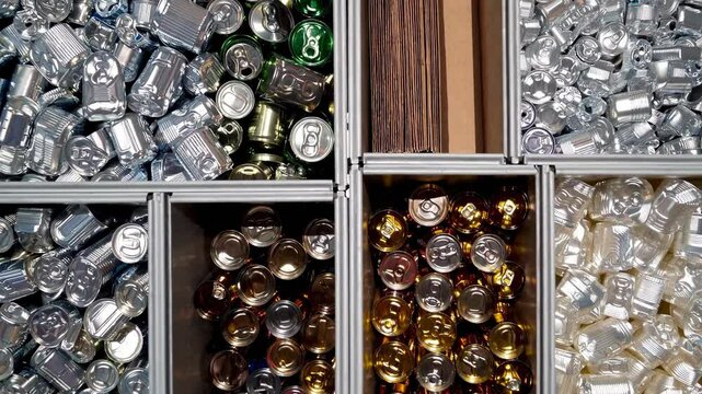 Aluminum cans sorting into color coded compartments, demonstrating systematic recycling process for environmental sustainability and resource conservation